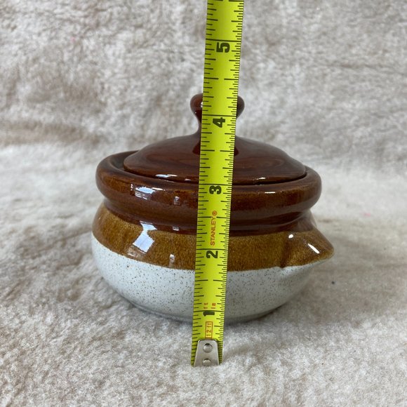 Vintage Stoneware Small Bean Pot in Tan and Brown Glaze Farmhouse - Picture 7 of 9